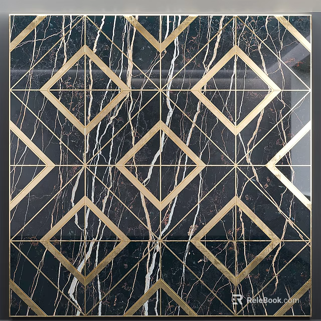 Luxury Floor Tiles With Gold Geometric Diamond Patterns And Black Marble Veins 3d model 