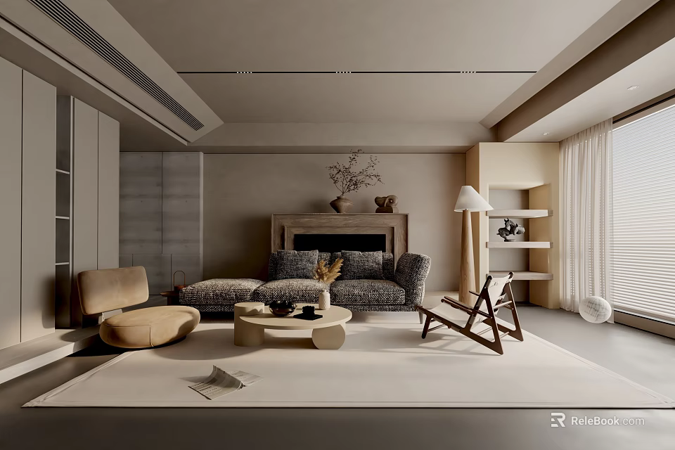 Modern Living Room Interior With Sofa Armchair Fireplace And Coffee Table Rug 3d model 