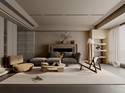 Modern Living Room Interior With Sofa Armchair Fireplace And Coffee Table Rug 3d model