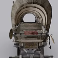 Vintage Covered Wagon With Wooden Structure Canvas Roof Large Wheels And Wooden Tongue