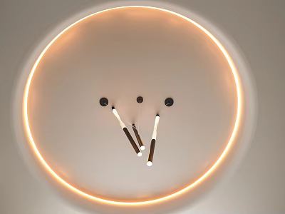 Elegant Circular Ceiling Design With Warm LED Ring Light And Central Pendant Fixtures 3d model
