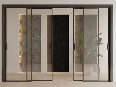 Modern Black Frame Glass Sliding Doors With Stone Wall And Green Plant 3d model