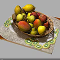 Basket of Fresh Fruits Including Lemon Mango Apple and Pear on Kiwi Pattern Mat
