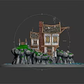 Traditional Cottage With Wooden Watermill Chimney Rocks Green Grass And Flowing Water