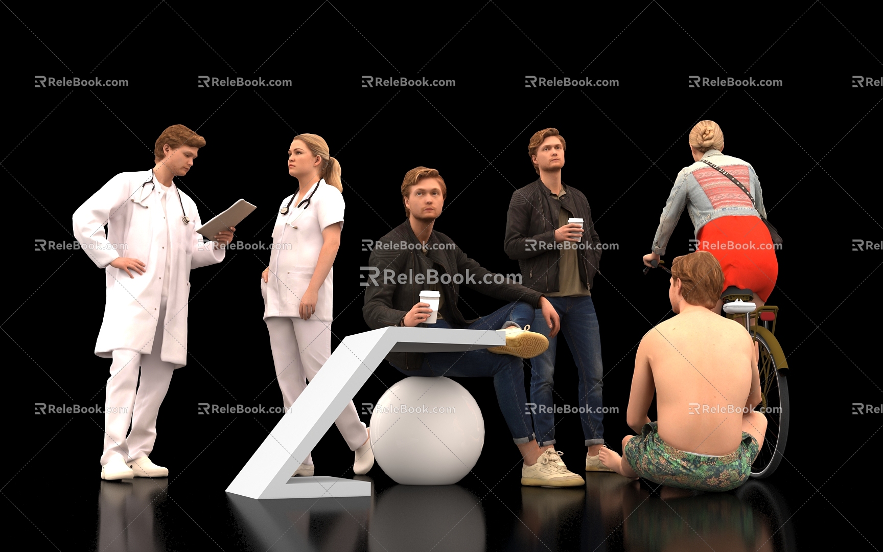 Doctors Nurses Many People Drinking Water Coffee Leisure Outdoor Table and Chair Fitness Men Handsome Men Women Cycling Bicycle Model People 3d model