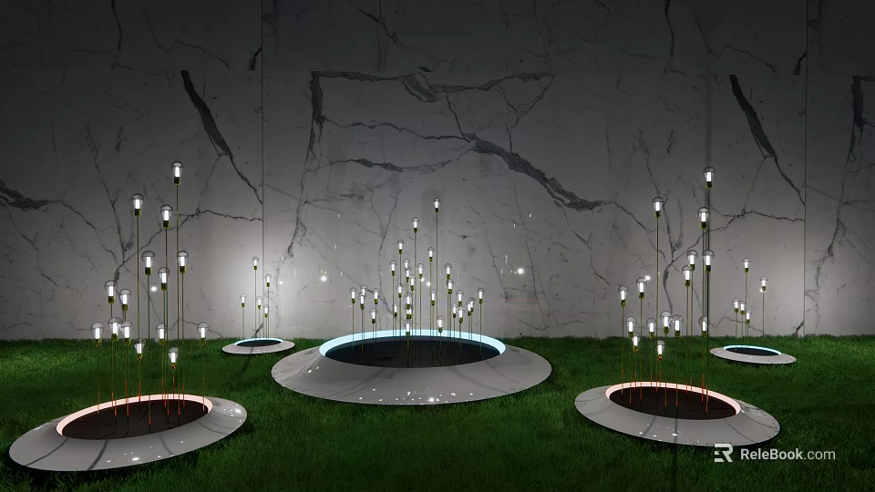 Outdoor Lights Slim Pole Top Glowing On Grass Lawn Water Pools And Marble Wall Background 3d model 