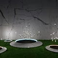 Outdoor Lights Slim Pole Top Glowing On Grass Lawn Water Pools And Marble Wall Background