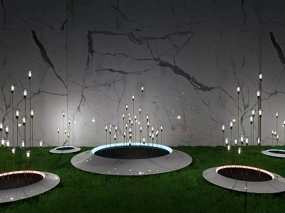 Outdoor Lights Slim Pole Top Glowing On Grass Lawn Water Pools And Marble Wall Background 3d model
