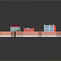 Cartoon Scene With Colorful Buildings Brick Wall Fence Green Red Roofs And Small Houses