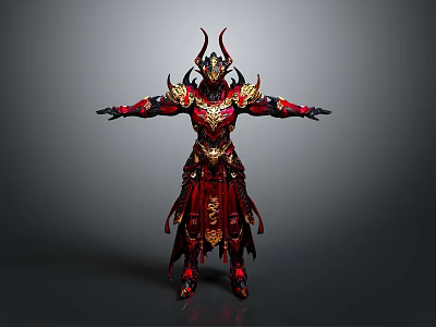 Ornate Red And Gold Fantasy Warrior Armor With Horned Design And Intricate Details 3d model