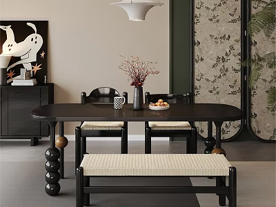 Modern Black Dining Table Set With Chairs Bench Vase And Floral Screen 3d model