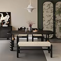 Modern Black Dining Table Set With Chairs Bench Vase And Floral Screen