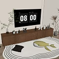 Modern Wooden TV Stand with Flat Screen TV Decorative Figurines Clock Potted Plants and Rug