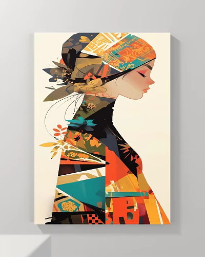 Modern Female Profile Portrait Painting with Closed Eyes Decorative Headscarf Floral Leaves and Geometric Patterns 3d model
