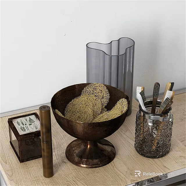 Household Items Collection Including Brass Bowl Transparent Pen Holder And Storage Box 3d model 