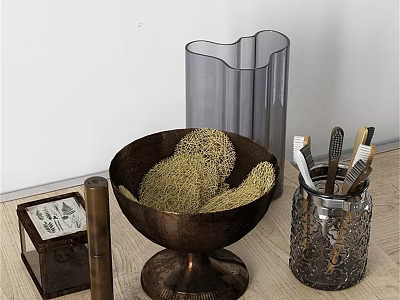 Household Items Collection Including Brass Bowl Transparent Pen Holder And Storage Box 3d model