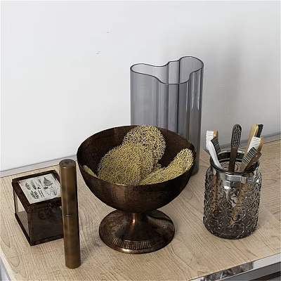 Household Items Collection Including Brass Bowl Transparent Pen Holder And Storage Box 3d model