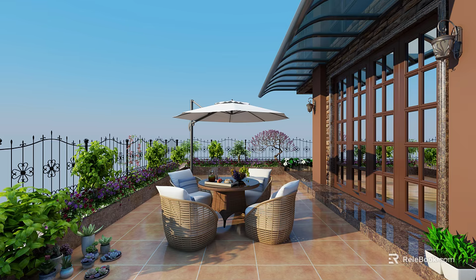 Relaxing Roof Garden With Wicker Furniture Umbrella Green Plants Glass Roof Awning And Brown Tiles 3d model 