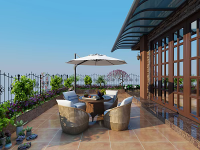Relaxing Roof Garden With Wicker Furniture Umbrella Green Plants Glass Roof Awning And Brown Tiles 3d model