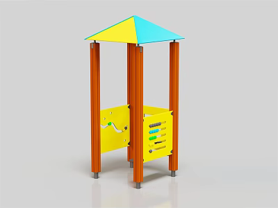 Colorful Kids Outdoor Play Structure With Yellow Blue Roof Brown Pillars And Interactive Panels 3d model