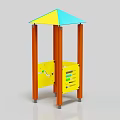 Colorful Kids Outdoor Play Structure With Yellow Blue Roof Brown Pillars And Interactive Panels