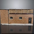 Red Brick Building Exterior With Two Windows One Door And Wooden Railing
