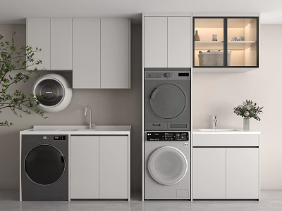 Modern Bathroom Cabinetry With Washing Machine Dryer Sink And Storage Units 3d model