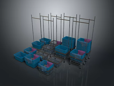 Baby Animals In Blue And Pink Plastic Baskets On Metal Storage Racks 3d model