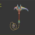 Ornate Mythical Weapon With Blue Winged Spikes And Orange Decorative Handle