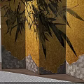Decorative Screen With Yellow Background And Bamboo Leaf Pattern For Traditional Home Interior 3d model