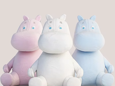Three Colorful Plush Hippo Dolls In Pink White Light Blue 3d model