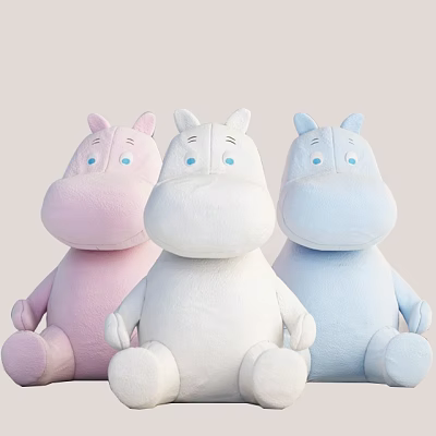 Three Colorful Plush Hippo Dolls In Pink White Light Blue 3d model