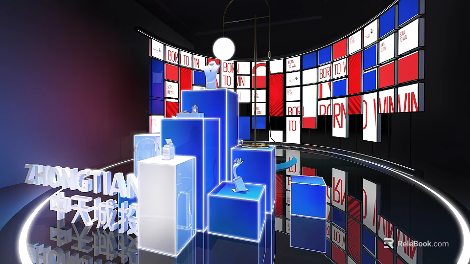 Modern Display Area With Blue White Cubic Podiums And Red White Blue Screen Wall 3d model 