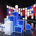 Modern Display Area With Blue White Cubic Podiums And Red White Blue Screen Wall
