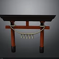 Traditional Japanese Torii Gate With Red Pillars Black Top And Hanging Bells