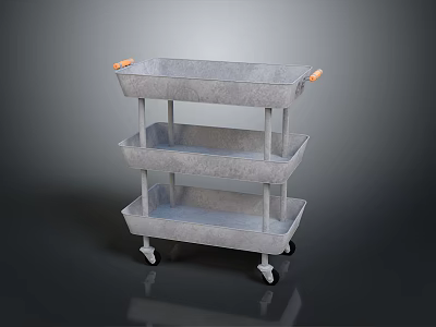 Practical Three Tier Metal Storage Cart With Orange Handles And Rolling Wheels 3d model