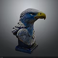 Detailed Blue And White Eagle Head Sculpture With Yellow Beak On Blue Base
