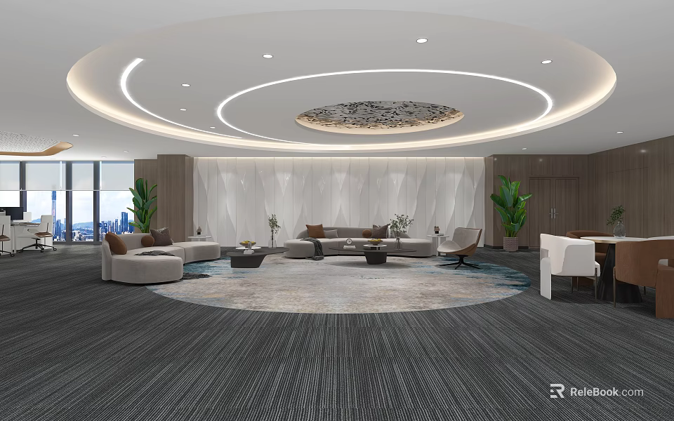 Elegant Modern Hotel Public Lounge With Sofas Coffee Tables And Area Rug 3d model 