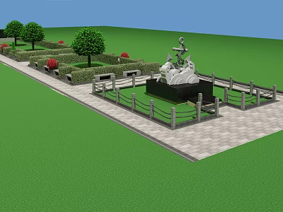 Lush Green Trees in Garden With Central Fountain Red Flower Beds And Stone Pathway 3d model