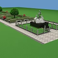 Lush Green Trees in Garden With Central Fountain Red Flower Beds And Stone Pathway
