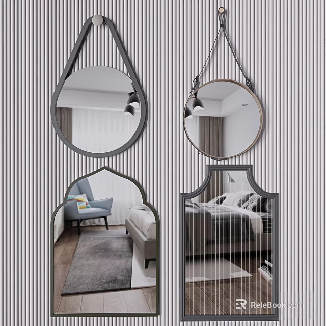 Various Shaped Decorative Mirrors Hanging on Wall Reflecting Room Interior Design 3d model 