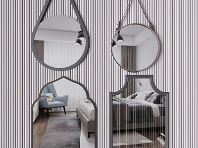 Various Shaped Decorative Mirrors Hanging on Wall Reflecting Room Interior Design 3d model