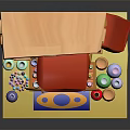 Cartoon Small Shop Scene With Yellow Building Red Awning and Colorful Bottles