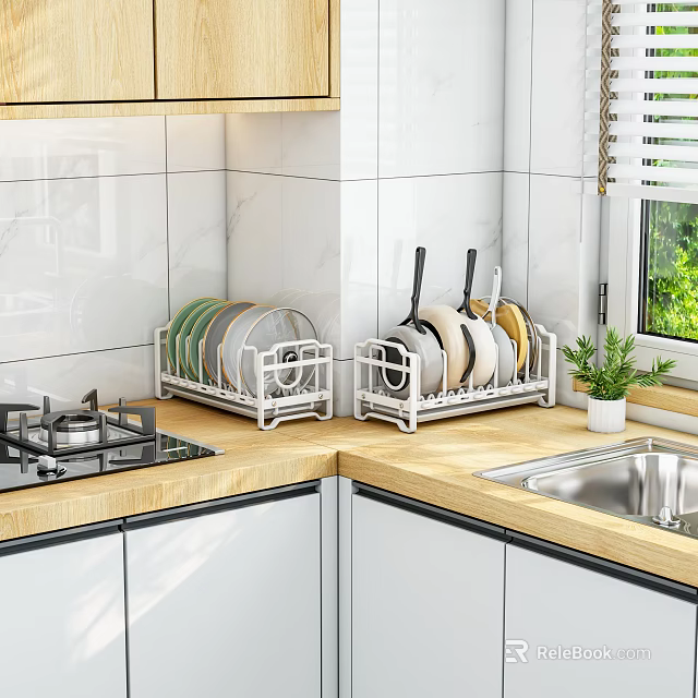 Modern Kitchen Interior With White Dish Racks Holding Plates And Spatulas On Wooden Countertop 3d model 
