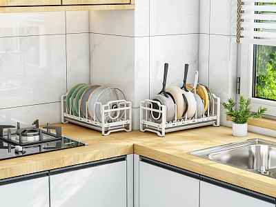 Modern Kitchen Interior With White Dish Racks Holding Plates And Spatulas On Wooden Countertop 3d model