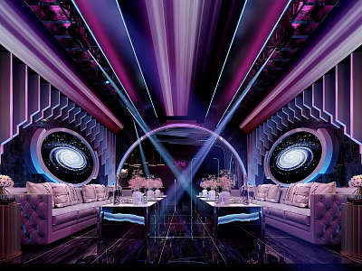 Luxurious Modern KTV Interior With Purple Blue Lighting And Circular Decorations 3d model