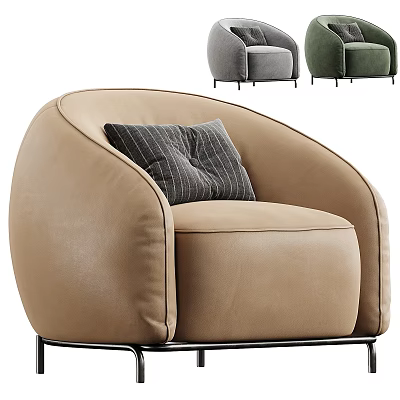 Modern Beige Fabric Single Sofa With Striped Pillow And Curved Back Metal Frame Design 3d model