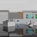 Bright Modern Specialty Store With White Display Counters Screen Displays And Product Showcases