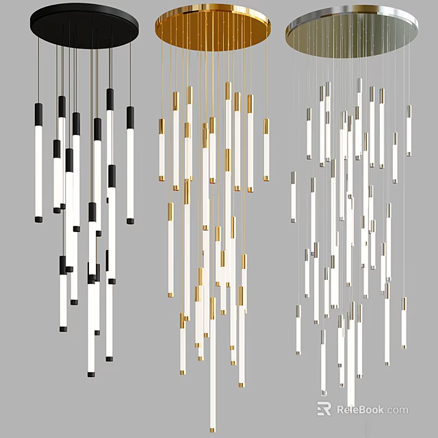 Modern Linear Chandelier Design With Black White And Gold Hanging Pendant Rods 3d model 