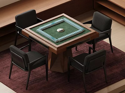 Modern Wooden Mahjong Entertainment Table With Green Mat And Four Black Chairs On Red Carpet 3d model